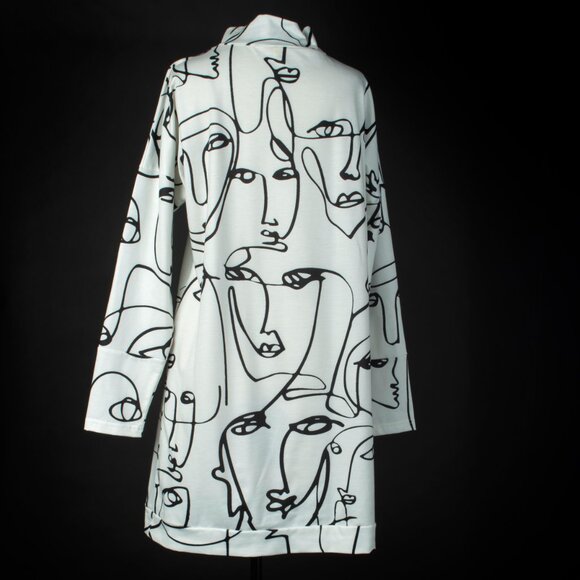 Long Sleeves Tunic Dress White with Black Line Drawing Faces Arty Whimsical - Picture 4 of 12